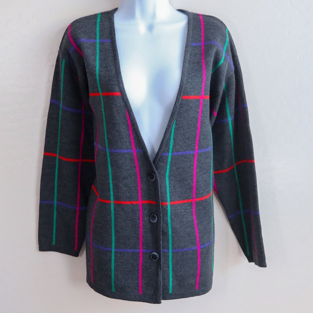 Vintage Liz Claiborne Wool Cashmere Blend‎ Cardigan 80s 90s Plaid Grid Sweater M